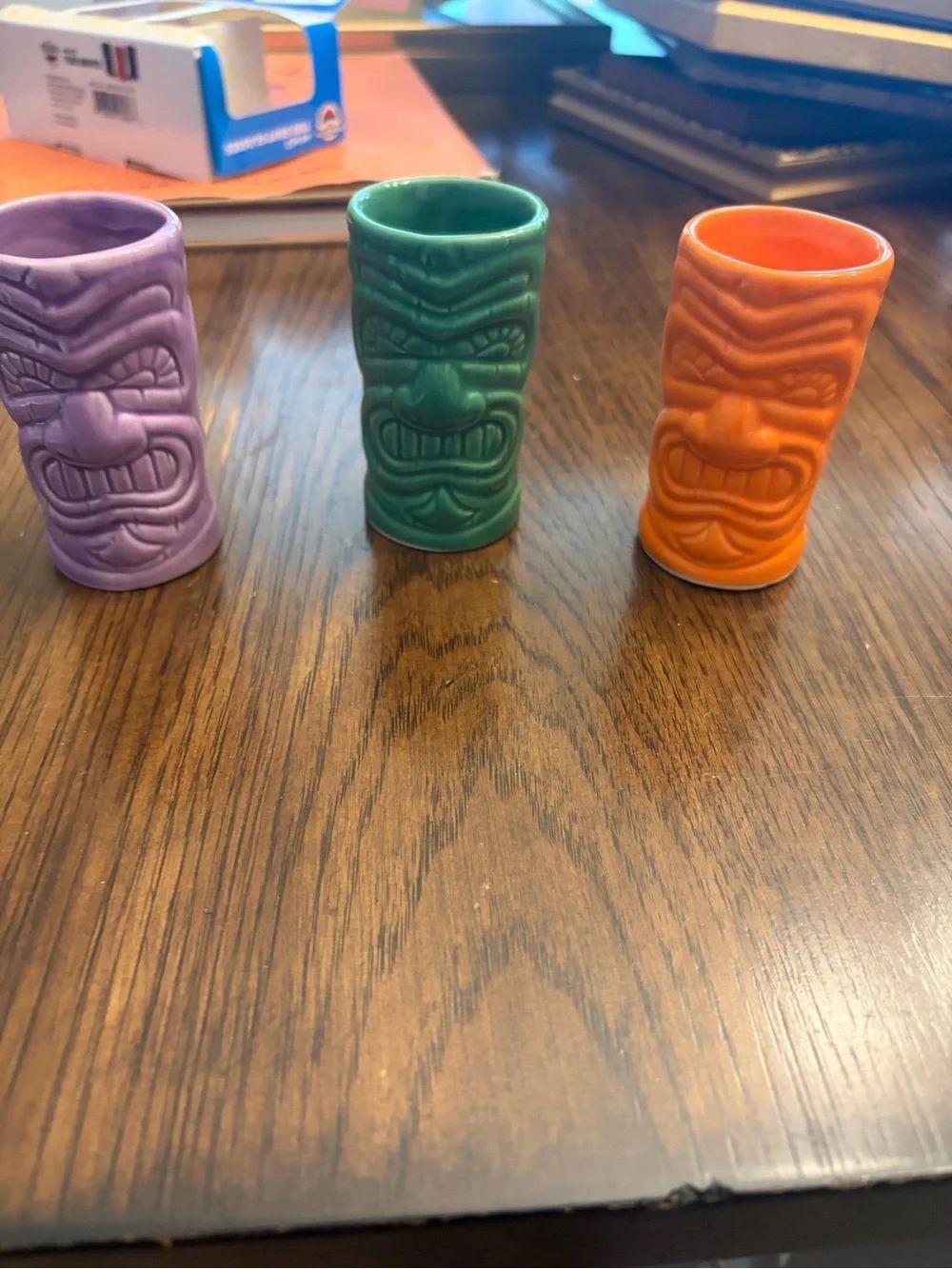 Big mouth bar colorful Set of 3 Tiki Shot Glasses - Purple, Green, Orange. NIB.